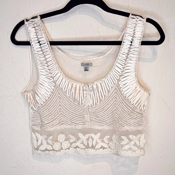 Cottagecore Ivory Sheer Mesh Crop Top Women’s S Embroidered ecote Tank - Picture 1 of 8